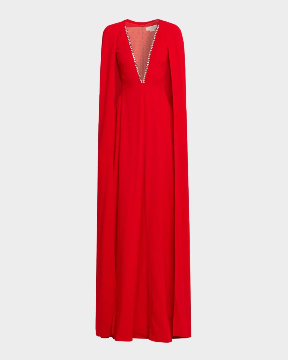 Crystal Plunging Illusion Cutout Cape Gown